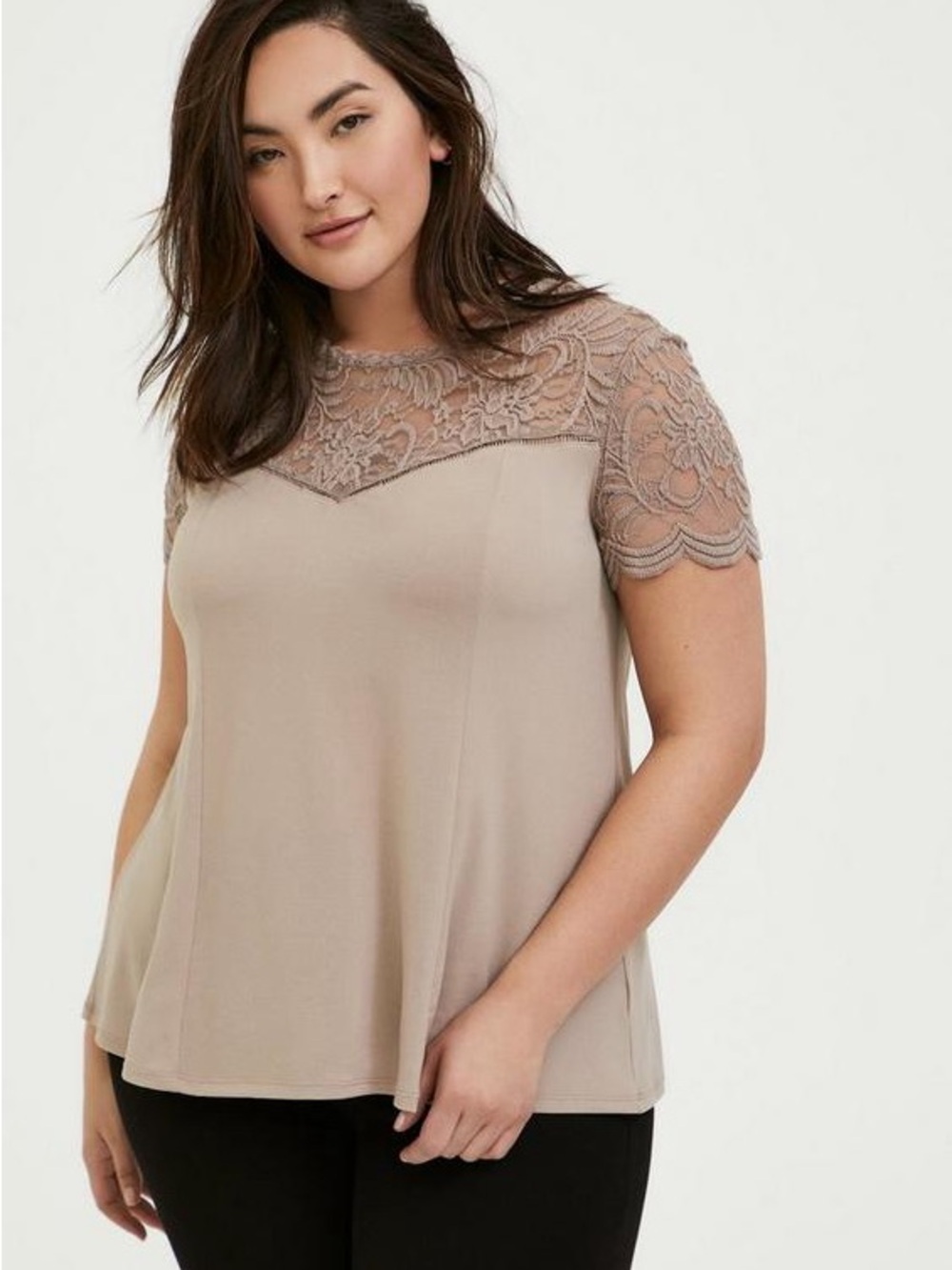 Torrid Lace Yoke Crepe Knit Blouse | Taupe Beige | Plus Size 2 (2X) Neutral